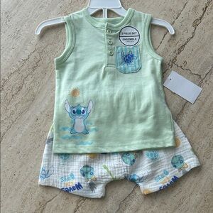 NEW 🆕 Disney Stitch Green Sleeveless Top and Printed Shorts Set 0-3 months